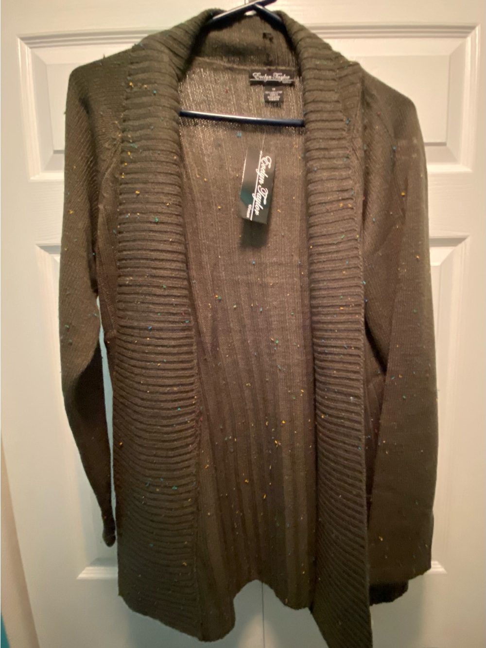 Evelyn Taylor Open Front Knit Cardigan Olive Green Multi-Color Flecks  1X NWT